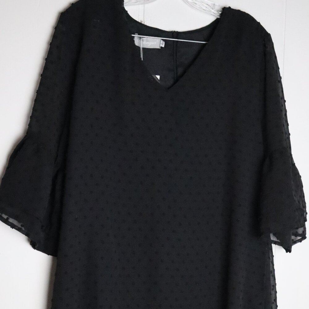 Womens Large Black Swiss Dot V-Neck Bell 3/4 Sleeve Dress Belongsci New